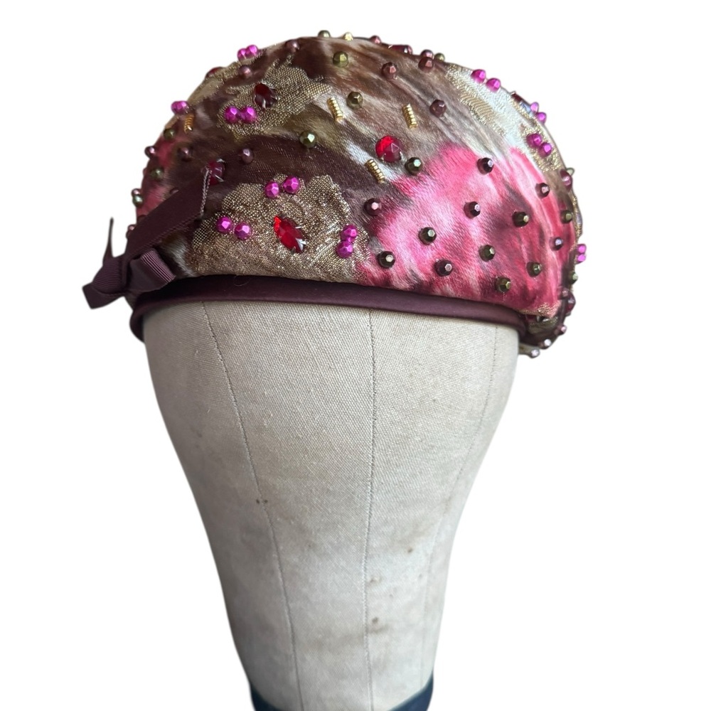 1940s Francois Paris New York Close-Fitted Cap w/Floral Pattern w/Pink & Gold To - Picture 3 of 8
